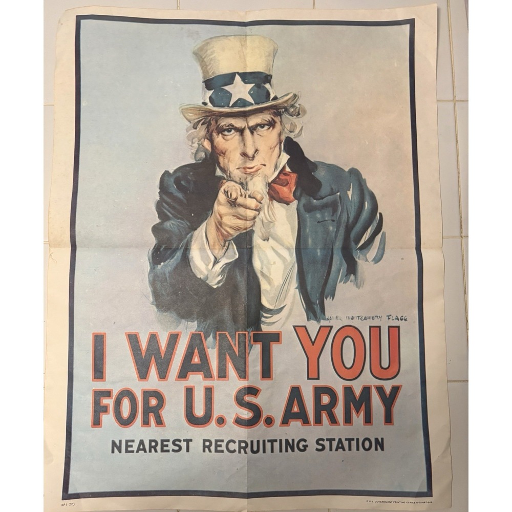 Vintage 1975 Uncle Sam I Want You Poster Official US Army Recruitmentr RPI 223 G